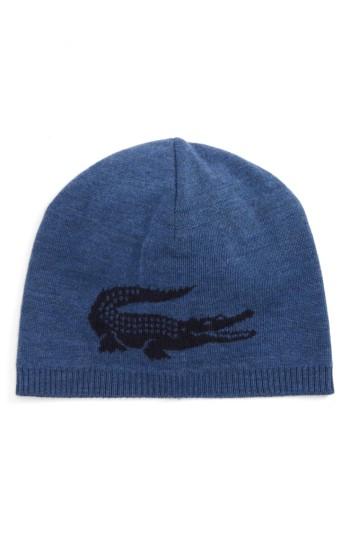 Men's Lacoste Big Crocodile Wool Beanie - Blue