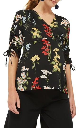 Women's Topshop Floral Ruched Sleeve Wrap Maternity Blouse Us (fits Like 2-4) - Blue