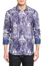 Men's Bugatchi Shaped Fit Paisley Print Linen Sport Shirt, Size - Blue