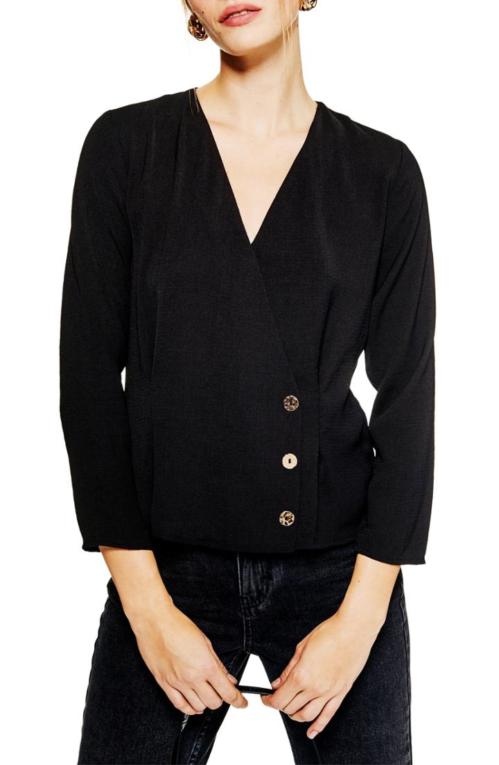 Women's Topshop Button Wrap Blouse Us (fits Like 0) - Black