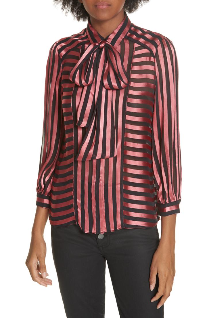 Women's Alice + Olivia Tie Neck Shadow Stripe Blouse - Red