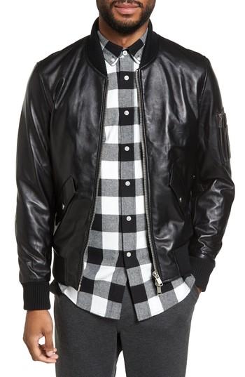 Men's Slate & Stone Leather Bomber Jacket, Size - Black