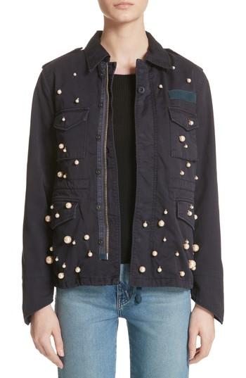 Women's Tu Es Mon Tresor Snow Imitation Pearl Embellished Field Jacket Us / 38 Fr - Blue