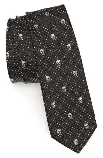 Men's Alexander Mcqueen Skull Polka Dot Silk Skinny Tie, Size - Black