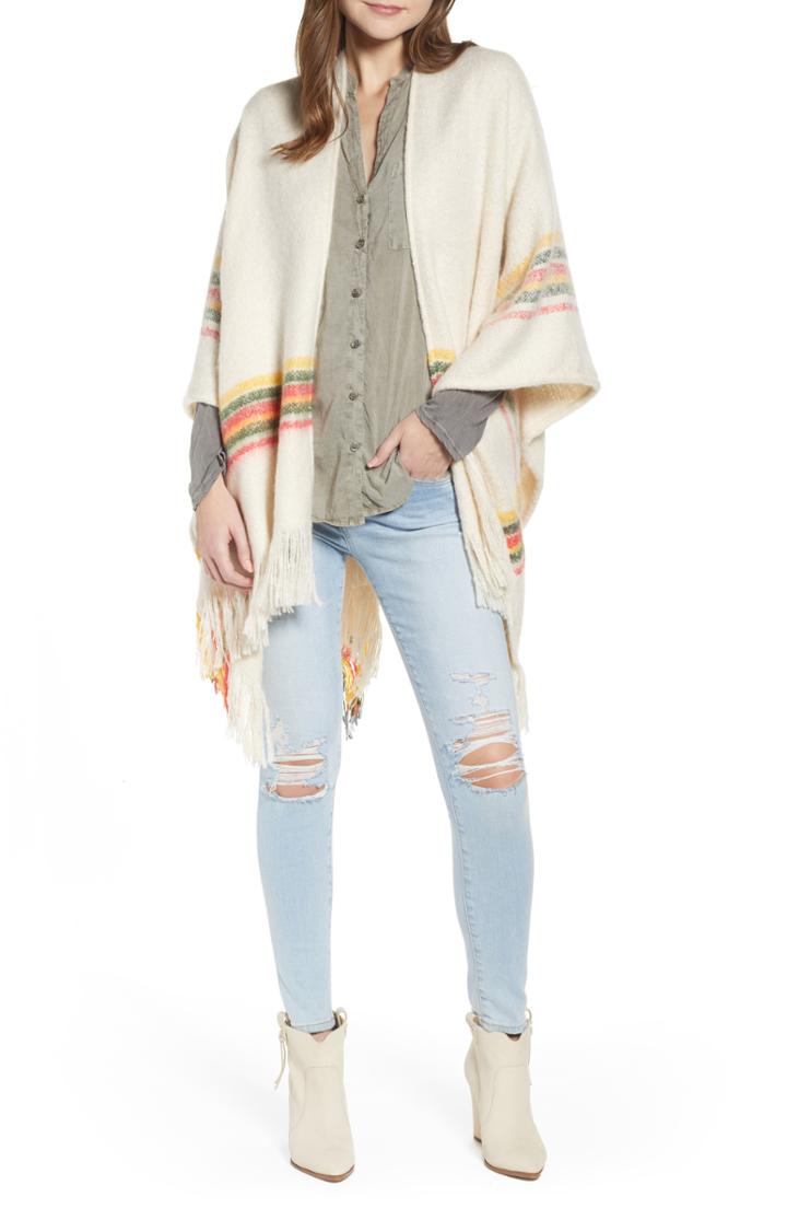 Women's Free People Stripe Fringe Ruana, Size - Ivory