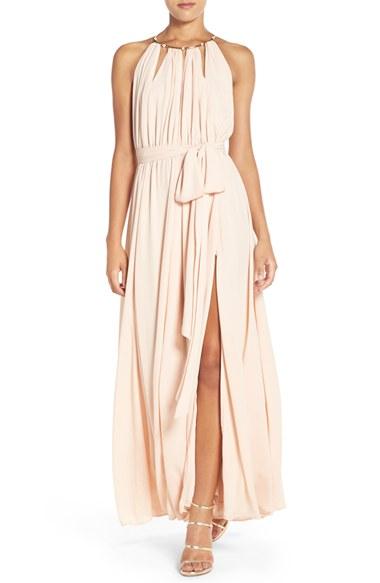 Women's Lulus Gold Metallic Halter Neck Chiffon Gown