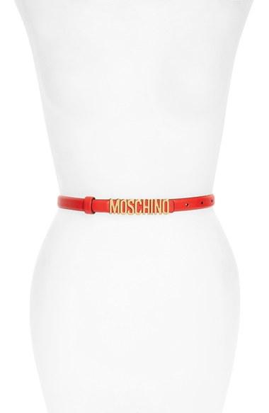 Women's Moschino Logo Plate Skinny Leather Belt - Red Gold