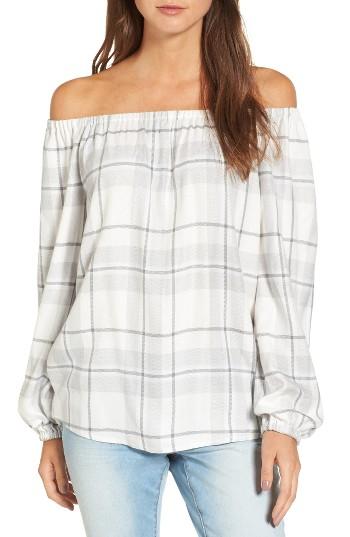 Petite Women's Two By Vince Camuto Off The Shoulder Plaid Blouse P - Grey