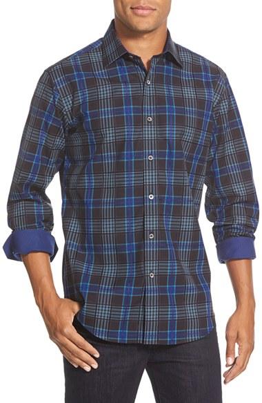 Men's Bugatchi Shaped Fit Plaid Sport Shirt, Size - Blue