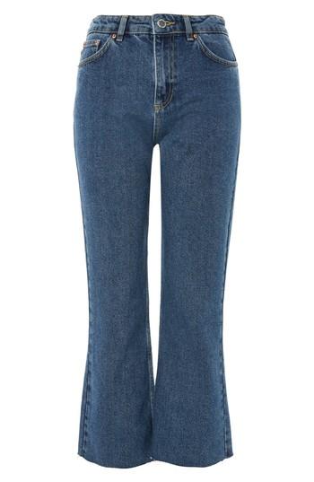 Women's Topshop By Boutique Raw Hem Kick Flare Jeans Us (fits Like 0) X - Blue