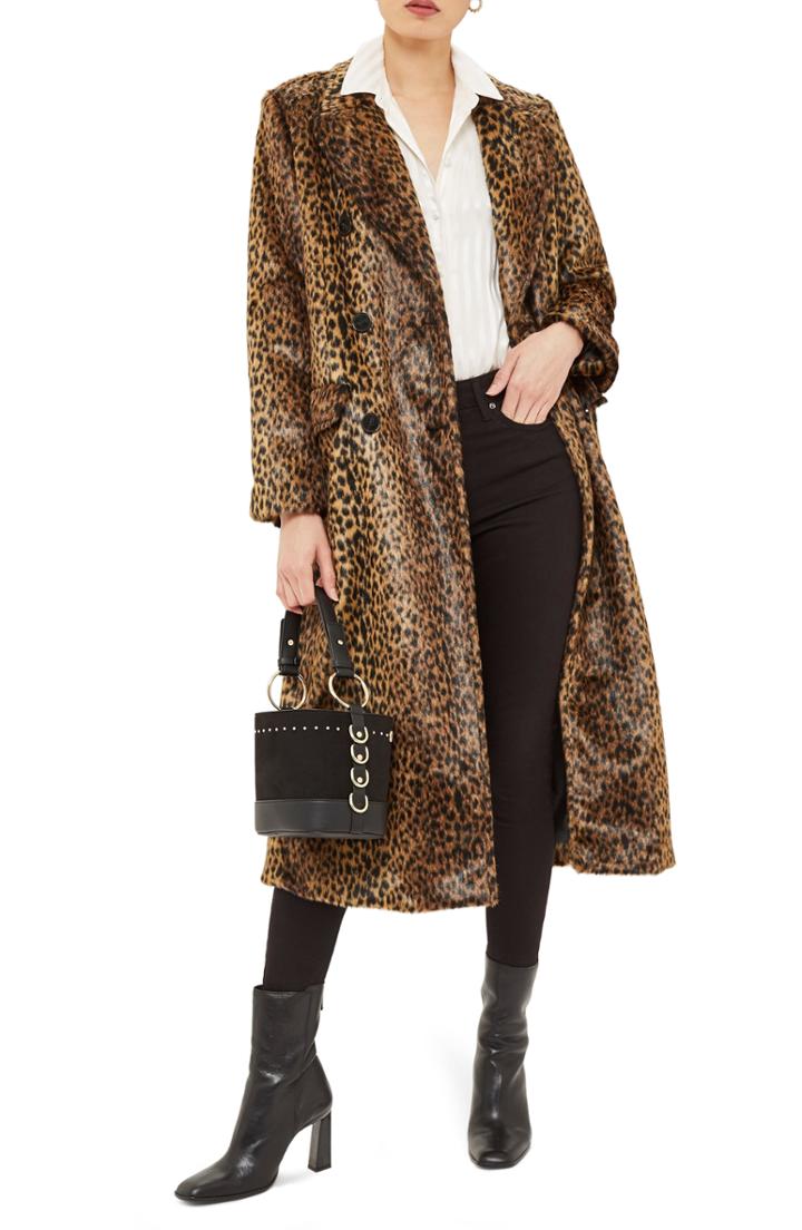 Women's Topshop Toni Faux Fur Leopard Long Coat Us (fits Like 0-2) - Brown
