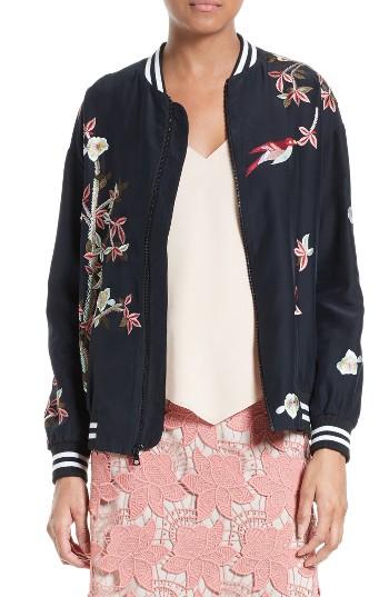 Women's Alice + Olivia Lila Embroidered Silk Bomber Jacket