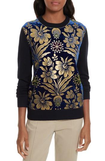 Women's Tory Burch Hollis Print Velvet Front Sweater - Blue