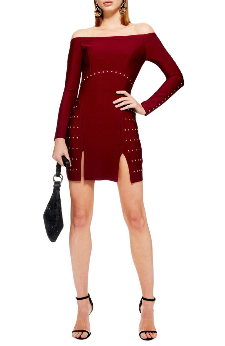 Women's Topshop Studded Off The Shoulder Dress Us (fits Like 0) - Red