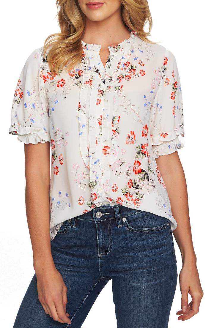 Women's Cece Divine Floral Ruffle Blouse - Ivory