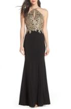 Women's Xscape Gold Embroidery Halter Neck Gown - Black