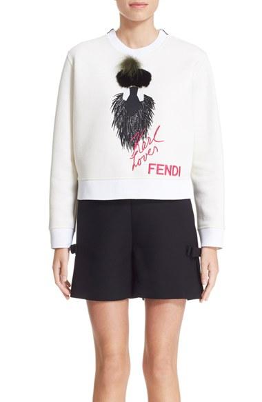 Women's Fendi 'karlito - Karl Loves Fendi' Fleece Top With Genuine Fur Trim