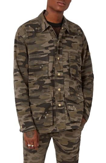 Men's Topman Aaa Collection Distressed Camo Field Jacket - Green