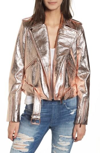 Women's True Religion Brand Jeans Metallic Leather Moto Jacket - Pink