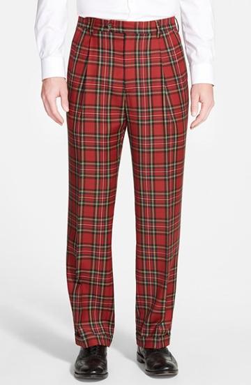 Men's Berle Pleated Plaid Wool Trousers