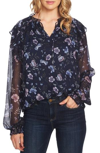 Women's Cece Bloomsbury Floral Chiffon Ruffle Blouse, Size - Blue