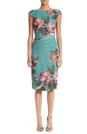 Women's Monique Lhuillier Rose Print Guipure Sheath Dress - Blue/green