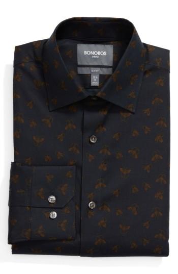 Men's Bonobos Butterflies Slim Fit Stretch Print Dress Shirt 35 - Blue