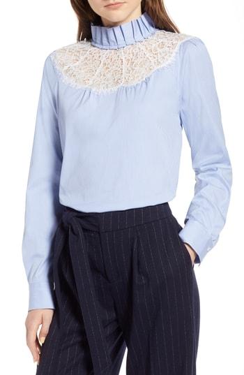 Women's Halogen Lace Yoke Poplin Pinstripe Blouse - White