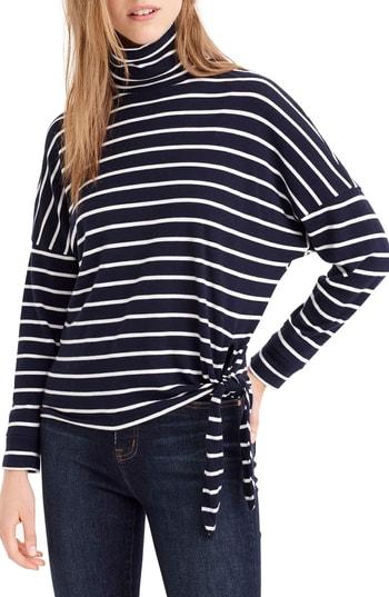Women's J.crew Stripe Tie Waist Turtleneck, Size - White