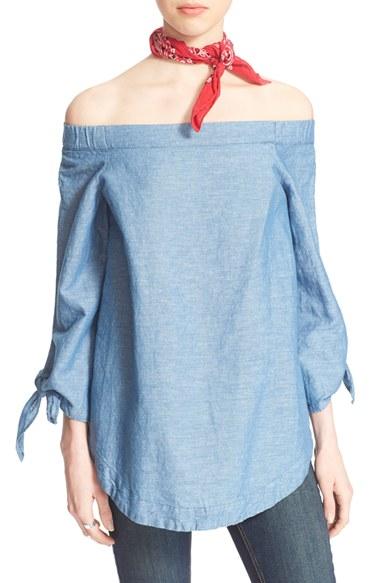 Women's Free People 'show Me Some Shoulder' Off The Shoulder Cotton Blouse - Blue