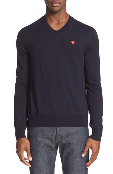 Men's Comme Des Garcons Play V-neck Cotton Pullover - Blue