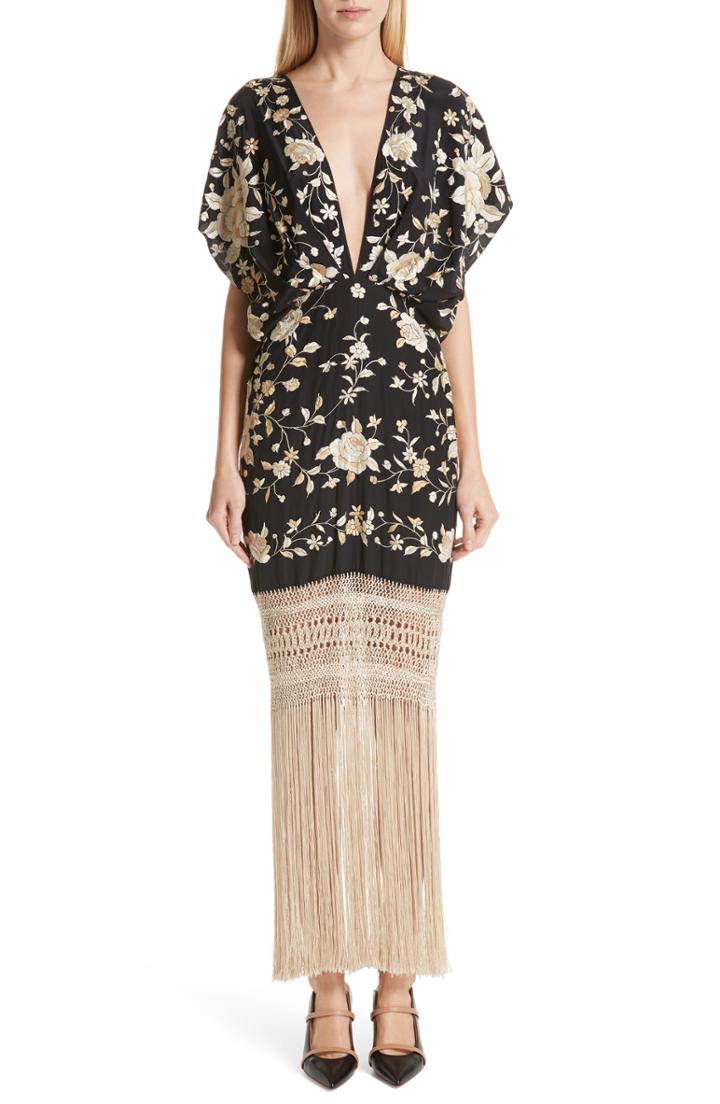 Women's Johanna Ortiz Fringe Hem Embroidered Silk Dress - Black