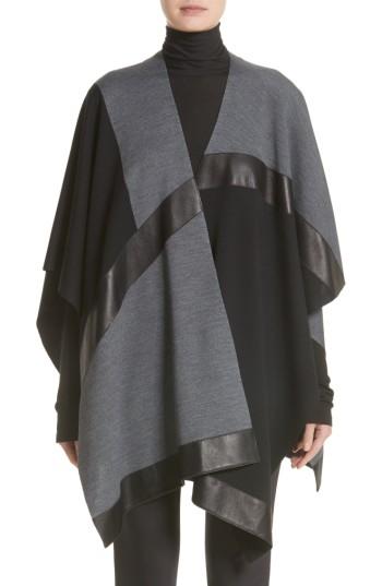Women's St. John Collection Leather Trim Intarsia Knit Poncho