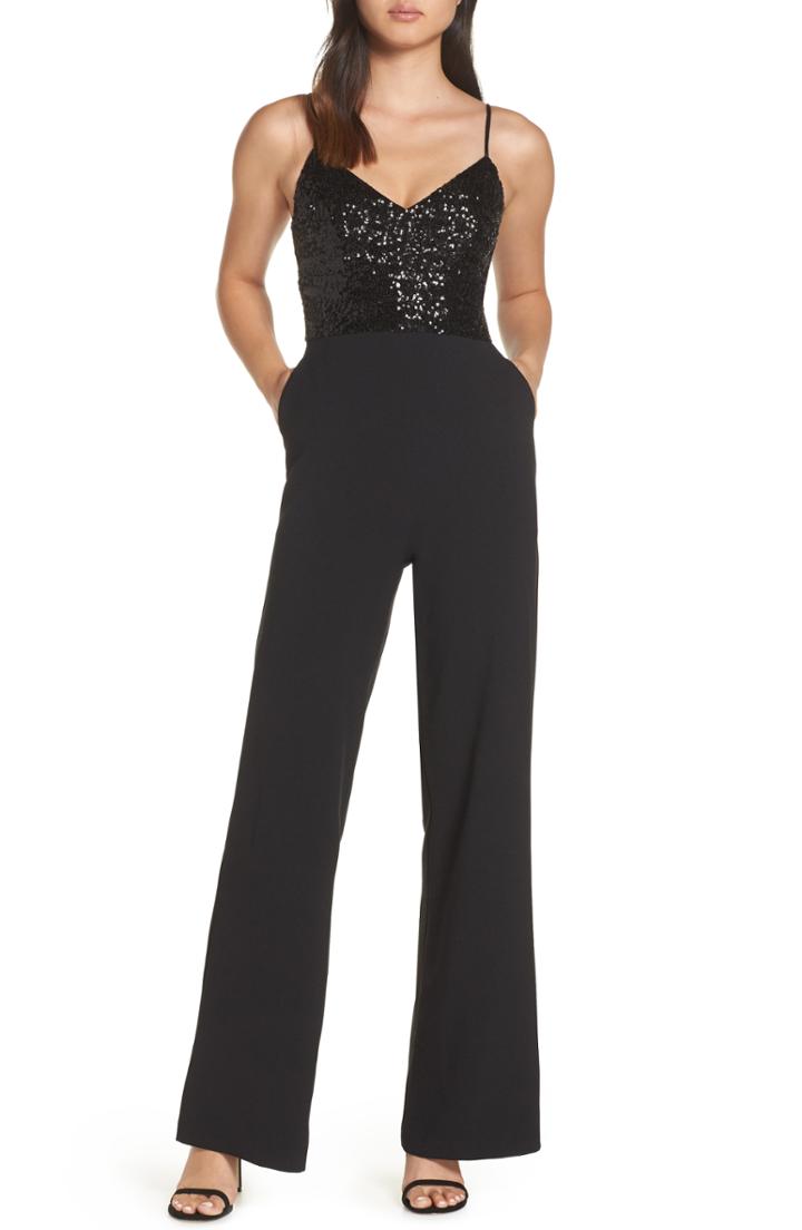 Women's Eliza J Sequin Embellished Jumpsuit - Black