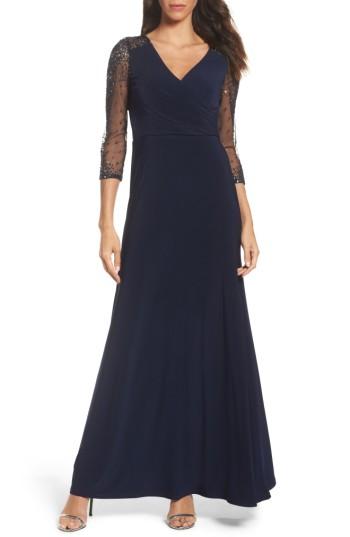 Petite Women's Adrianna Papell Sequin Jersey Gown P - Blue