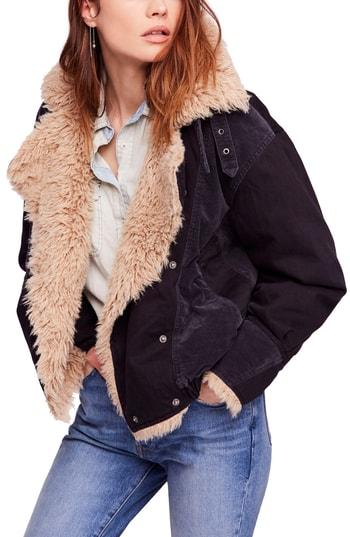 Women's Free People Faux Shearling Denim Bomber Jacket - Black