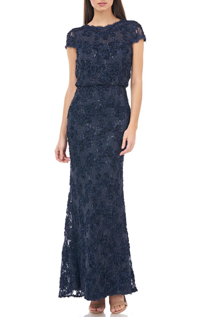 Women's Js Collections Sequin Lace Blouson Gown - Blue