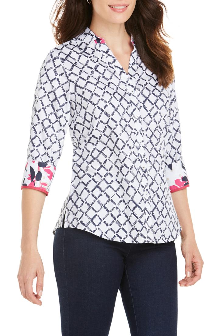 Women's Foxcroft Mary Diamond Lattice Wrinkle Free Shirt - White