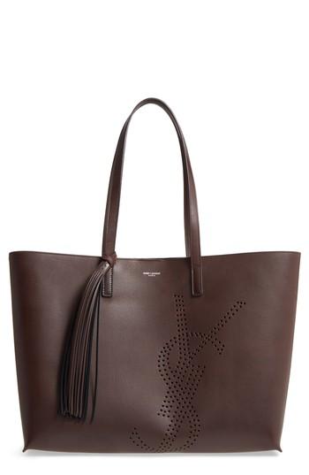 Saint Laurent Perforated Logo Calfskin Leather Shopper - Brown