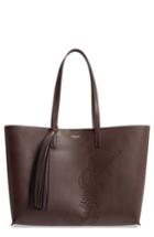 Saint Laurent Perforated Logo Calfskin Leather Shopper - Brown