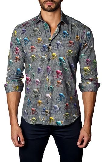 Men's Jared Lang Trim Fit Bicycling Animals Sport Shirt, Size - Grey