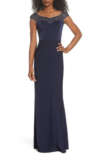 Women's La Femme Beaded Bateau Neck Gown - Blue