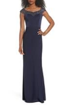 Women's La Femme Beaded Bateau Neck Gown - Blue