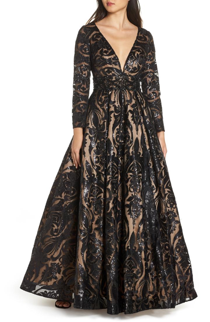 Women's Mac Duggal Sequin Burnout Paisley Ballgown - Black