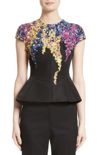 Women's Oscar De La Renta Tendrils Floral Embroidered Silk Faille Top - Black