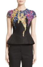 Women's Oscar De La Renta Tendrils Floral Embroidered Silk Faille Top - Black