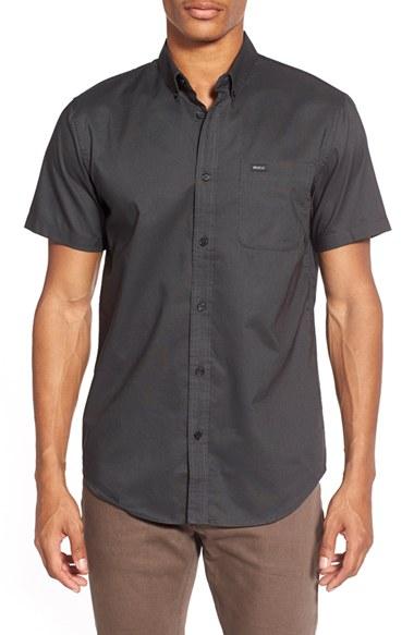 Men's Rvca 'that'll Do' Slim Fit Short Sleeve Oxford Shirt - Black