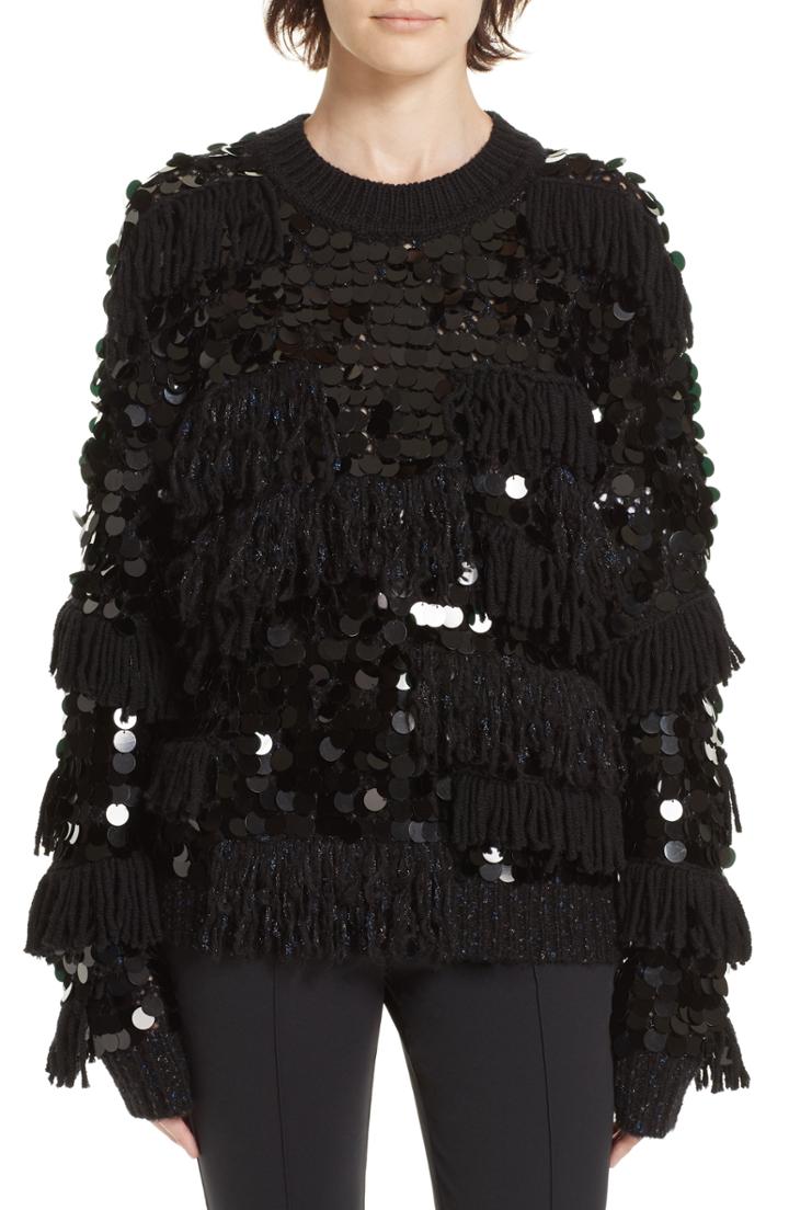 Women's Dvf Alix Fringe & Paillette Sweater - Black