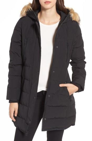 Women's Guess Hooded Jacket With Faux Fur Trim - Black