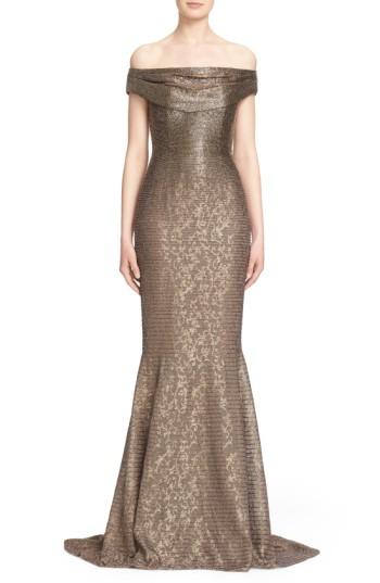 Women's Carmen Marc Valvo Couture Beaded Off The Shoulder Lace Mermaid Gown - Metallic